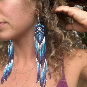 Blue and White long Beaded Earrings